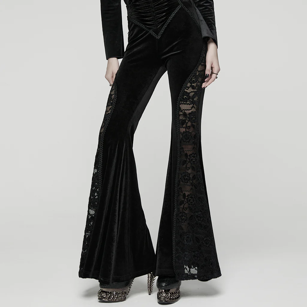 WK-745XCF Gothic Velvet Flare Pants with Lace Detail and Corset Waist - Image 4