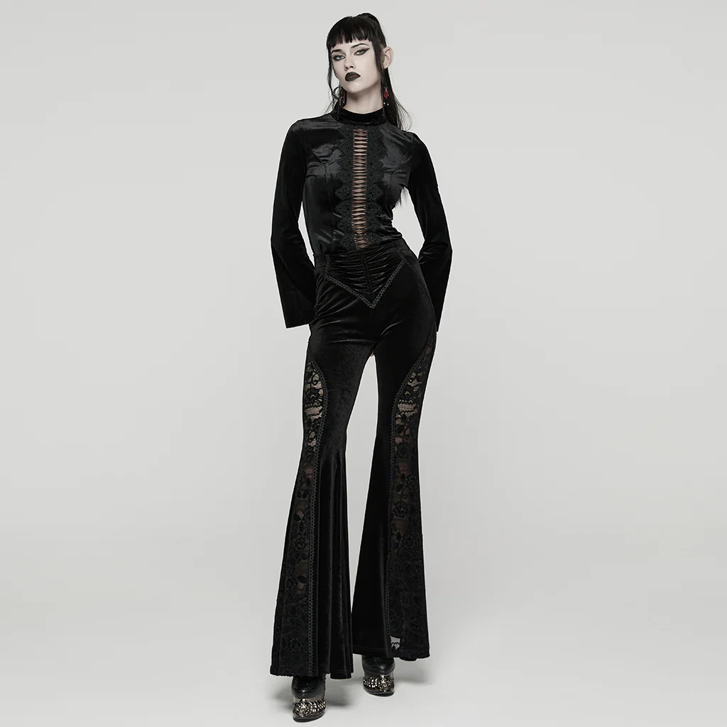 WK-745XCF Gothic Velvet Flare Pants with Lace Detail and Corset Waist - Image 6