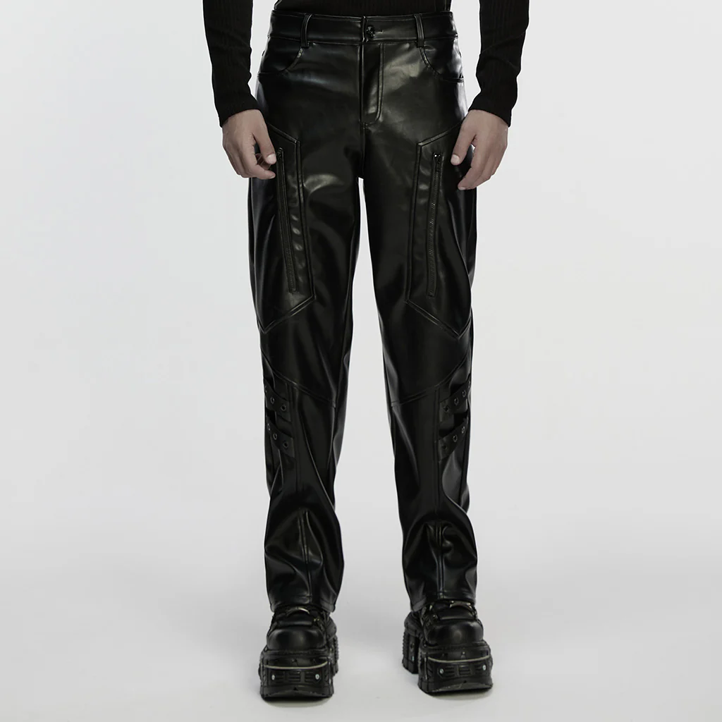 WK-748PCM Mens Black Faux Leather Zippered Chain Punk Pants