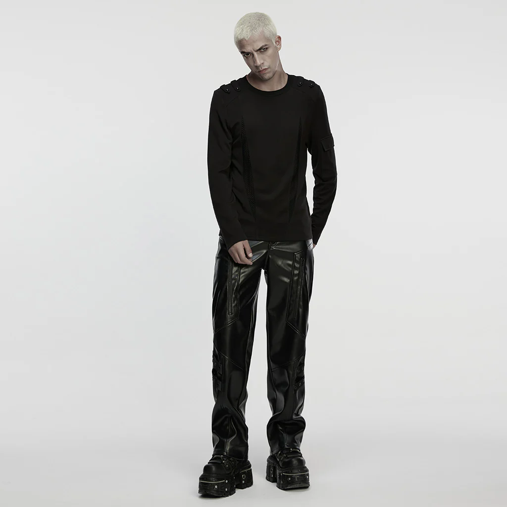WK-748PCM Mens Black Faux Leather Zippered Chain Punk Pants - Image 5