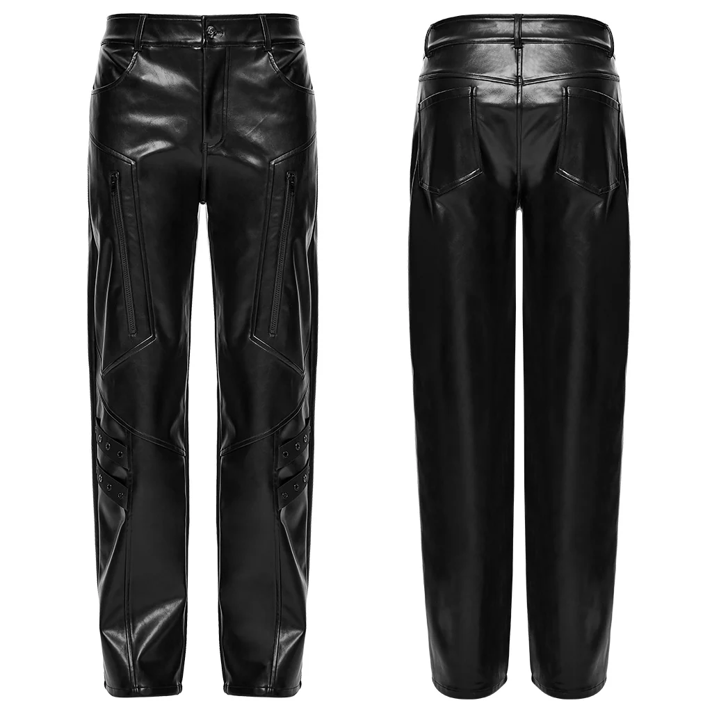 WK-748PCM Mens Black Faux Leather Zippered Chain Punk Pants - Image 6
