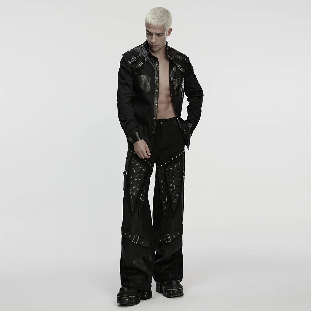 WK-751DQM Gothic Punk Pants Rivet Buckle Strap Detail Black Trousers - Image 5