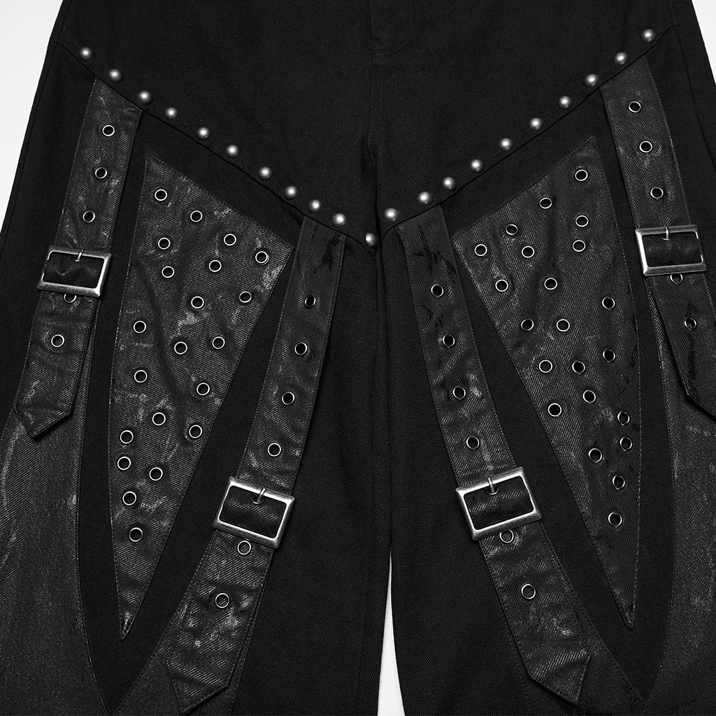 WK-751DQM Gothic Punk Pants Rivet Buckle Strap Detail Black Trousers - Image 7