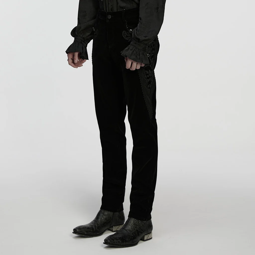 WK-758XCM Mens Velvet Embroidered Gothic Pants with Baroque Detail - Image 3