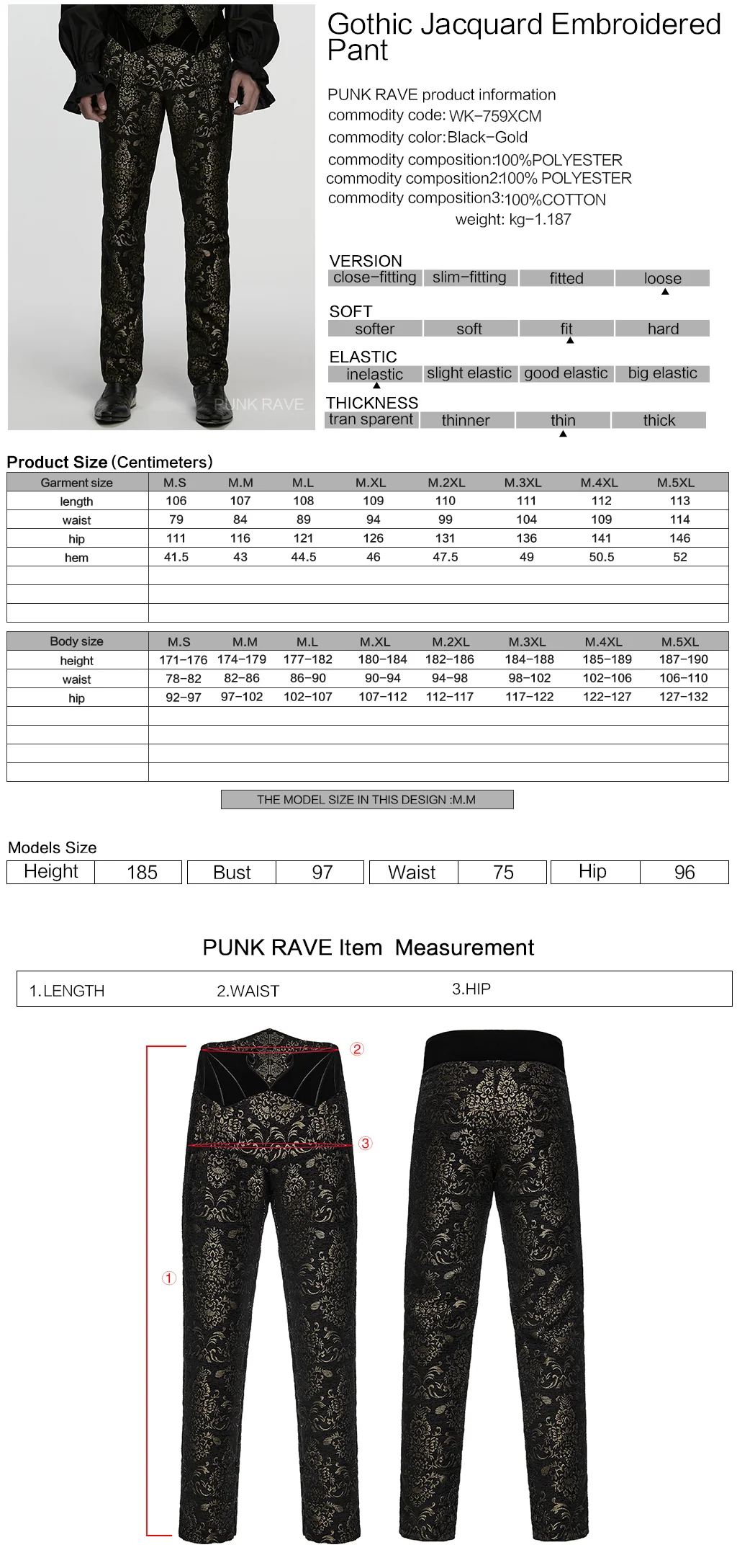 WK-759XCM Gothic Pants Vintage Floral Patterned Brocade Slim Fit Statement - Image 2