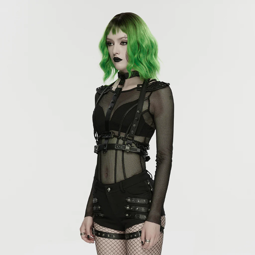 WK-763XDF Punk Pants Edgy Studded Black Mesh Harness Shorts - Image 2