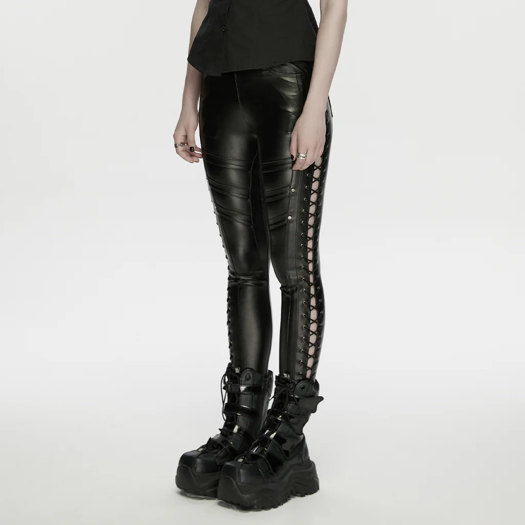 WK-774PCF Gothic Lace-Up Leather Punk Pants Edgy Rock Style Leggings - Image 2