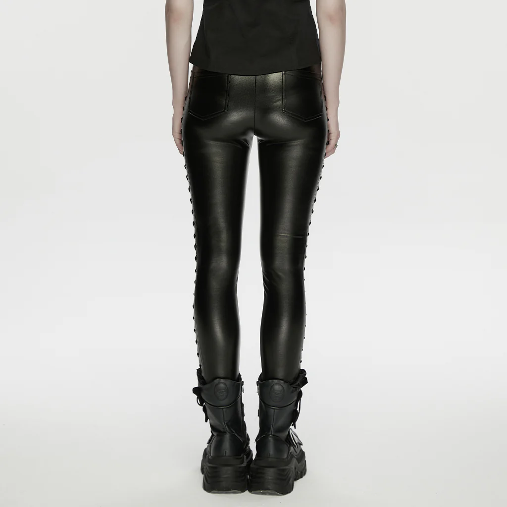 WK-774PCF Gothic Lace-Up Leather Punk Pants Edgy Rock Style Leggings - Image 3