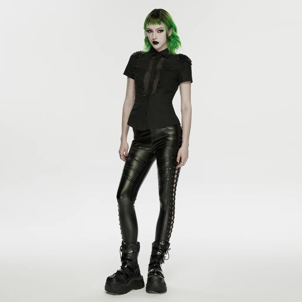 WK-774PCF Gothic Lace-Up Leather Punk Pants Edgy Rock Style Leggings - Image 4