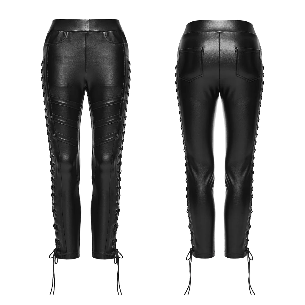 WK-774PCF Gothic Lace-Up Leather Punk Pants Edgy Rock Style Leggings - Image 5