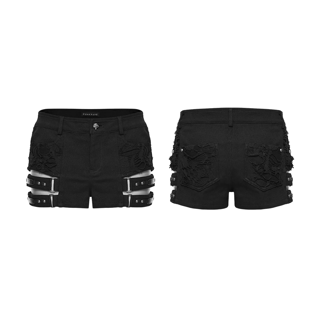 WK-778XDF Punk Pants Spiked Black Lace-Up Shorts Fishnet Style - Image 5