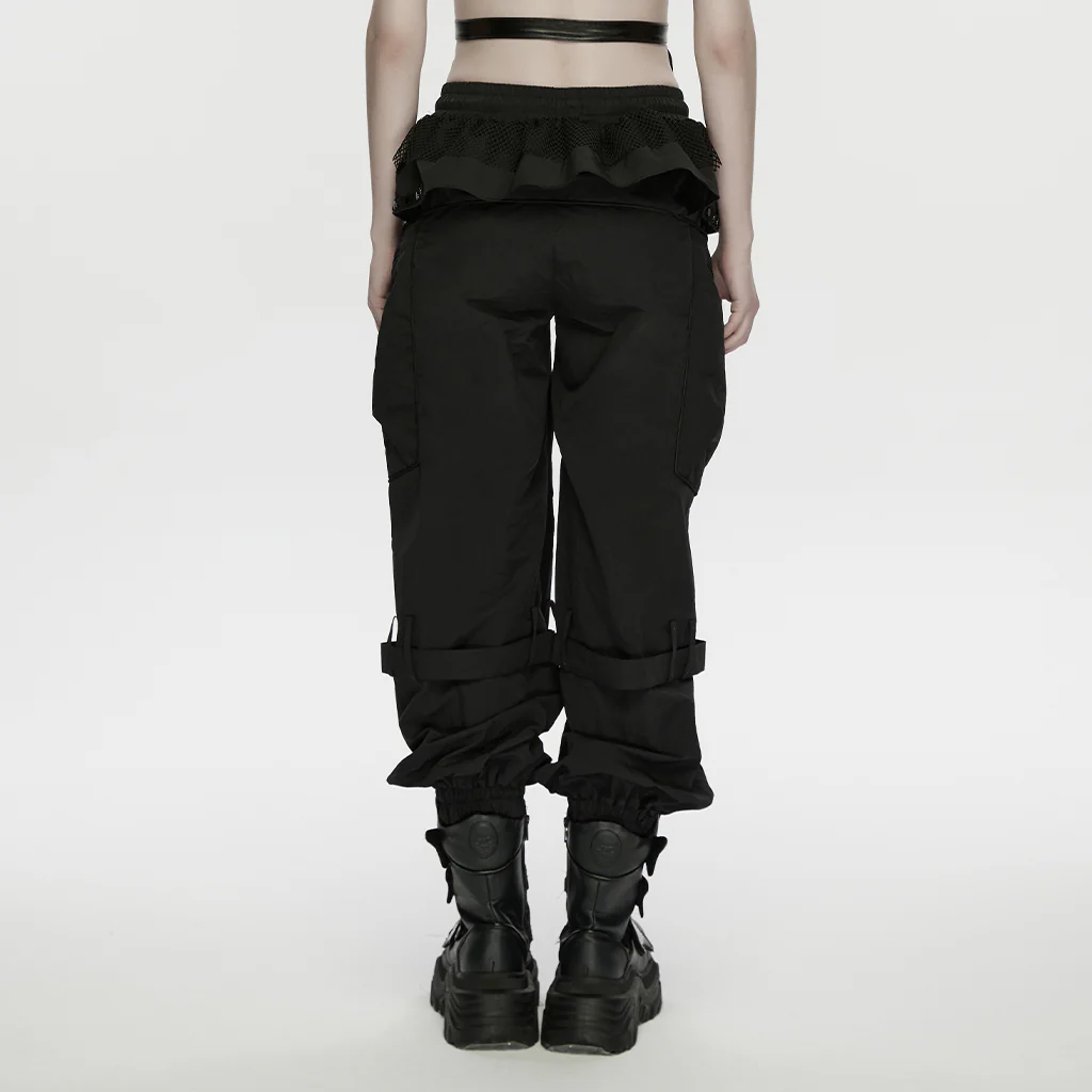 WK-779XCF Gothic Layered Black Cargo Punk Pants with Mesh Skirt Detail - Image 3