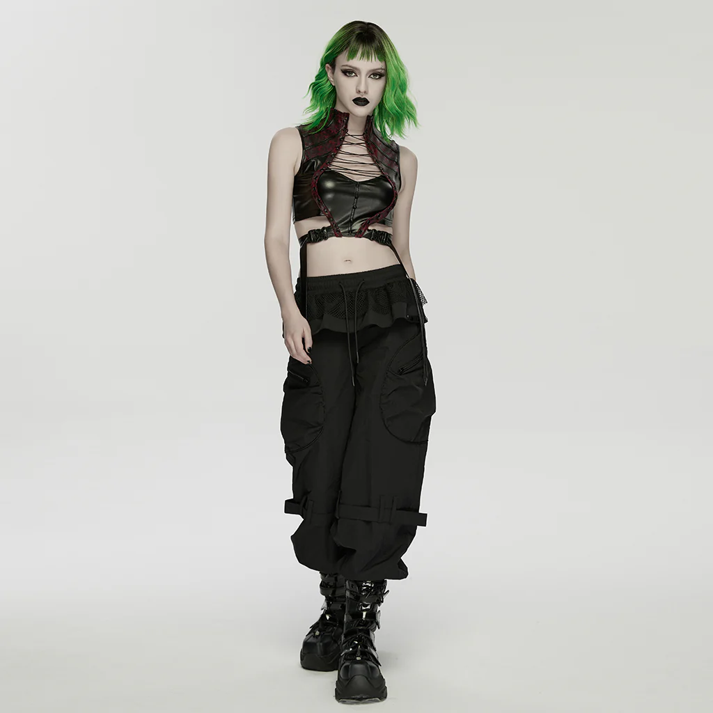 WK-779XCF Gothic Layered Black Cargo Punk Pants with Mesh Skirt Detail - Image 4