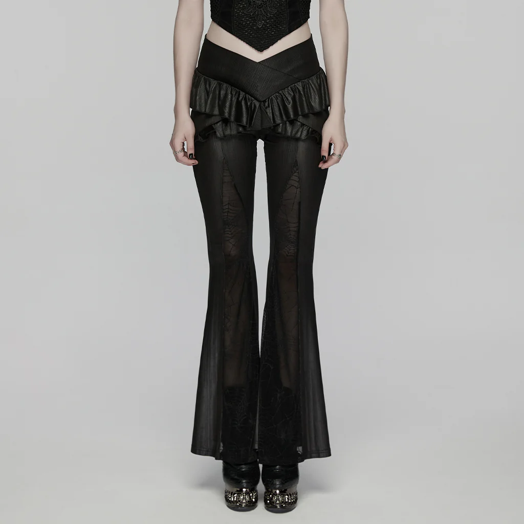WK-785XCF Gothic Pants Ruffled Mesh Flare High-Waist Vintage Style