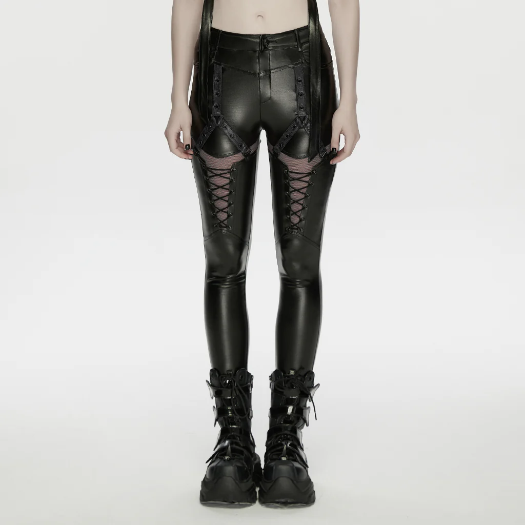 WK-789XCF Edgy Black Lace-Up Punk Pants with Red Accents - Image 12