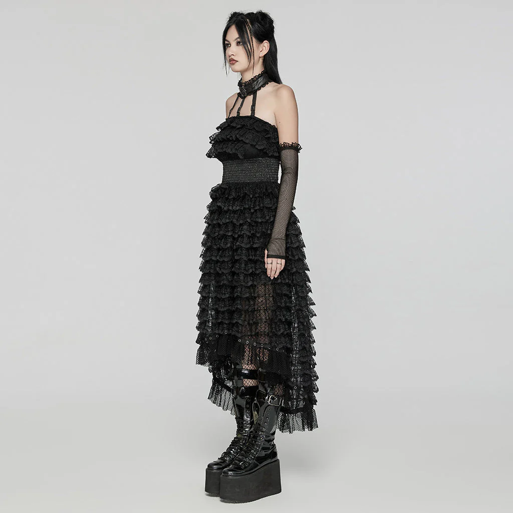 WLQ-107LQF Gothic Lace Ruffled Maxi Dress with Mesh Sleeves - Image 4
