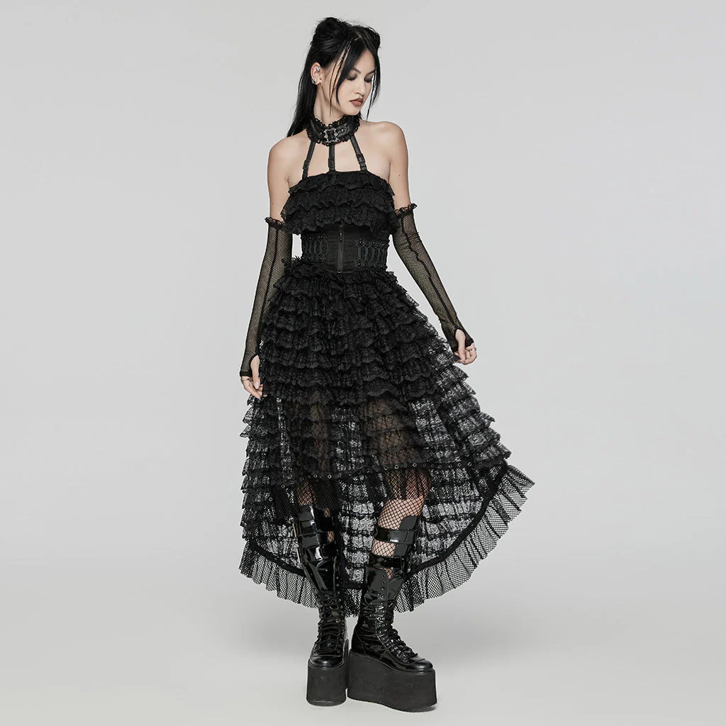WLQ-107LQF Gothic Lace Ruffled Maxi Dress with Mesh Sleeves - Image 6