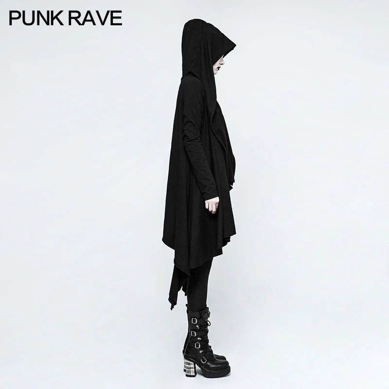 Y-751 Women black Knitted Hooded Gothic Jacket With Asymmetry Placket Design - Image 2