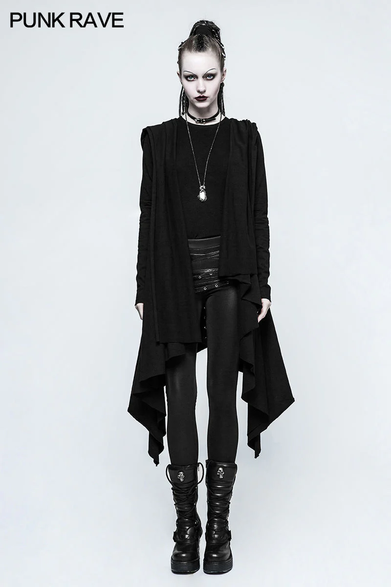 Y-751 Women black Knitted Hooded Gothic Jacket With Asymmetry Placket Design - Image 6