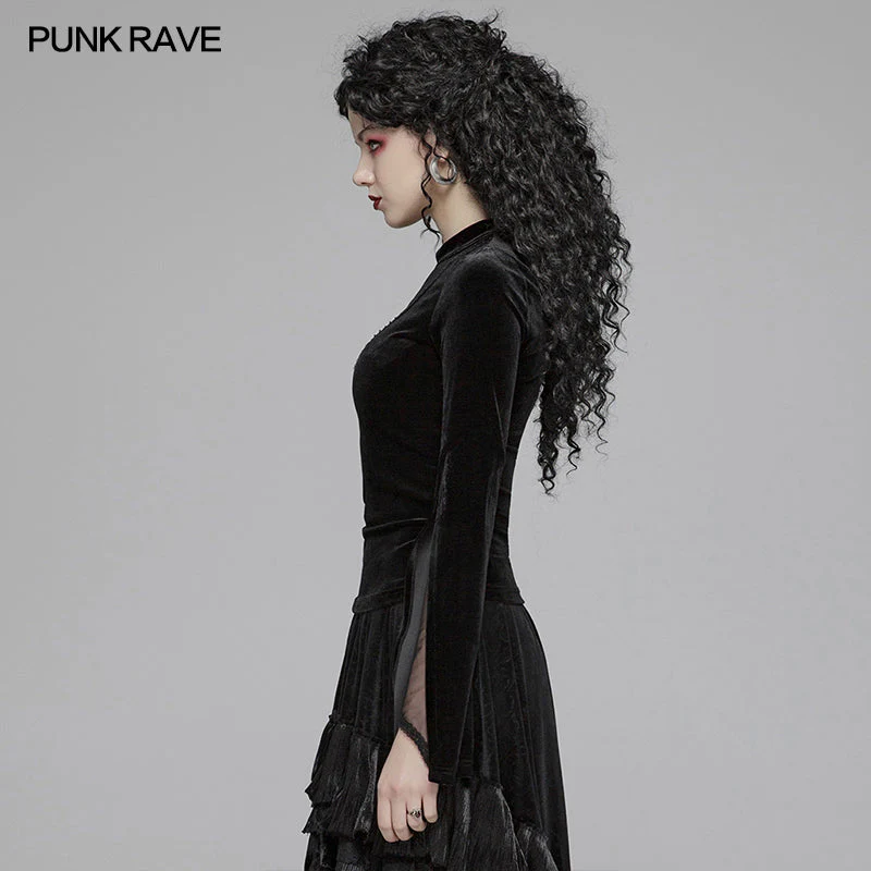 OT-568 Women Gothic Double Layer Sleeve Velvet Tulle T-shirt - Image 2