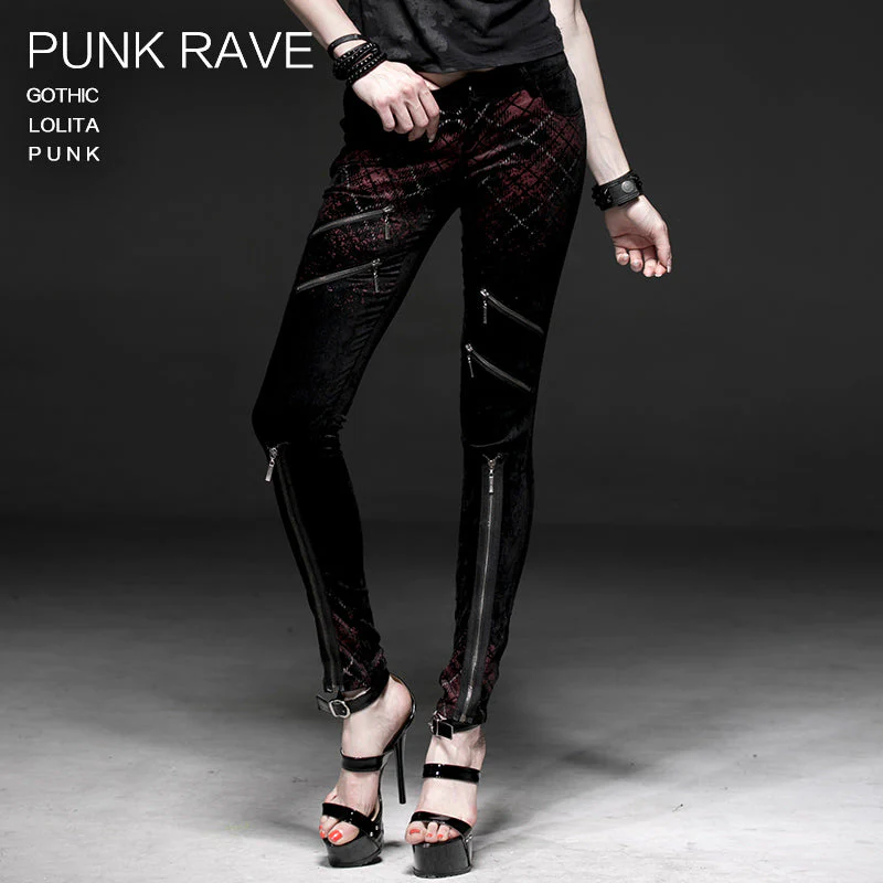 K-176 Women Plaid Material Gradual Changing Printing Long Punk Pants