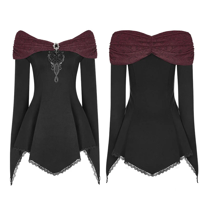 WT-520 Women Retro Boat Neck Gothic T-shirt With Detachable Brooch - Image 4
