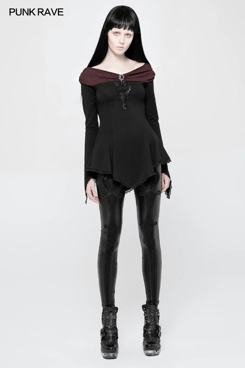 WT-520 Women Retro Boat Neck Gothic T-shirt With Detachable Brooch - Image 6