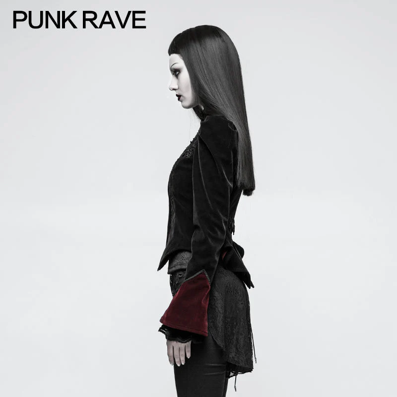 Y-769 Women Scissor-tail Velvet Short Gothic Jackets With black-red Rose Lace - Image 2