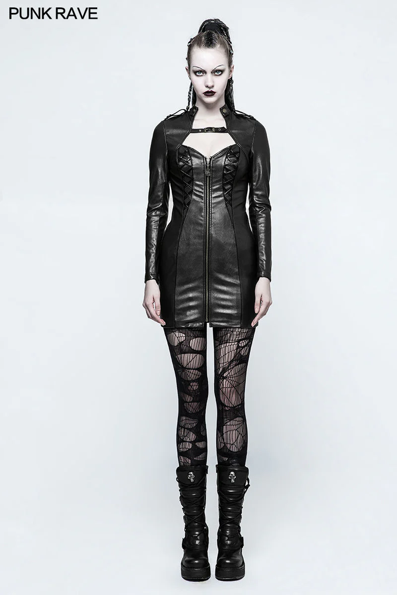 Q-337 Women Sexy Skinny Leather black Punk Dress With Zipper - Image 11