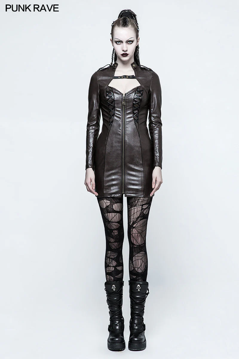 Q-337 Women Sexy Skinny Leather black Punk Dress With Zipper - Image 12