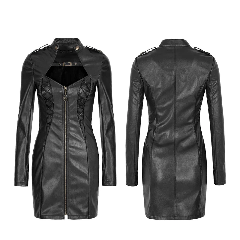 Q-337 Women Sexy Skinny Leather black Punk Dress With Zipper - Image 4