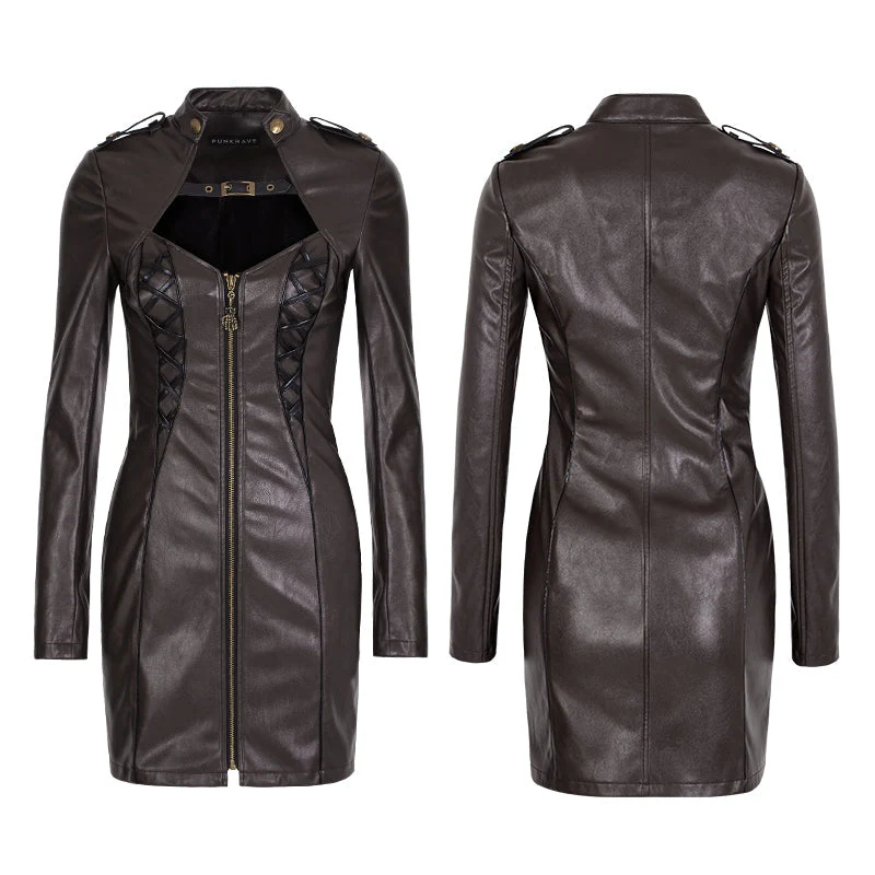 Q-337 Women Sexy Skinny Leather black Punk Dress With Zipper - Image 9