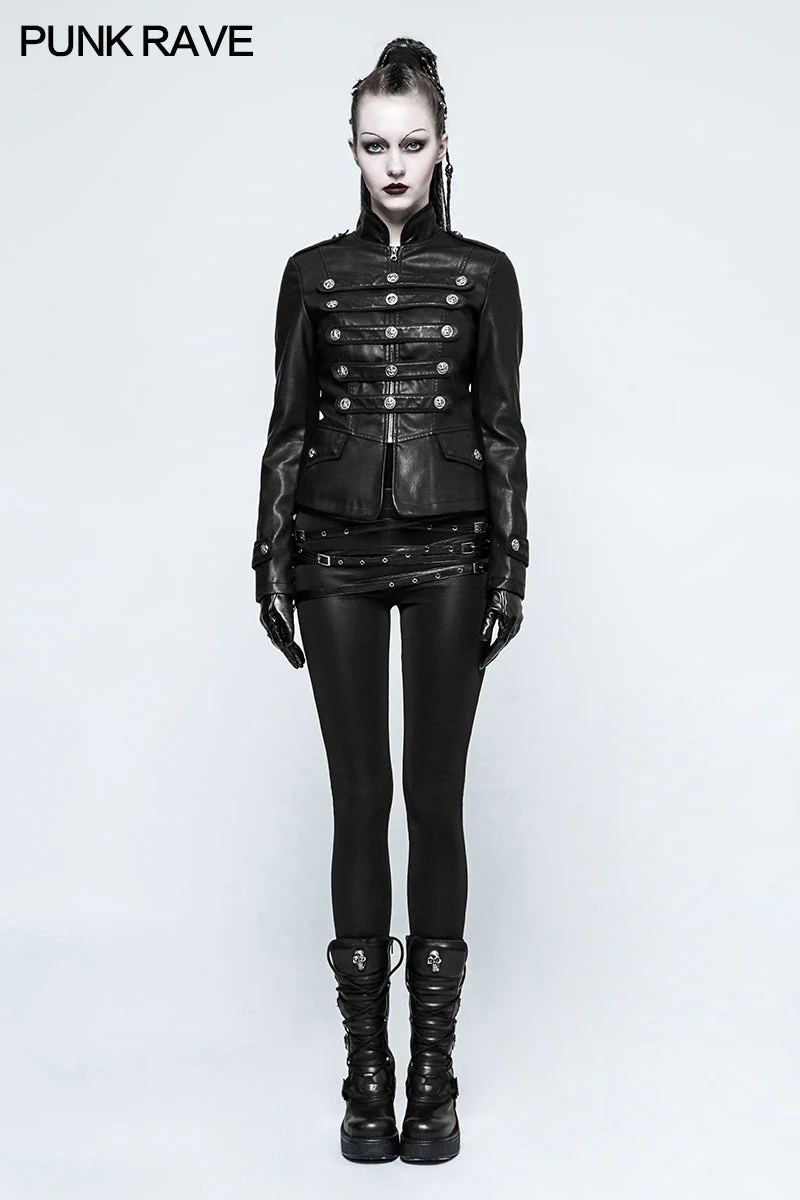 Y-768 Women Short Leather Punk Coat Stand Collar Military Uniform - Image 6