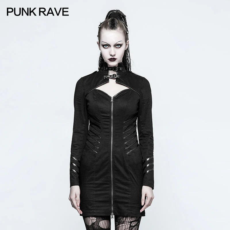 Q-331 Women Stand-collar Military black Punk Dress With Back Tied Rope