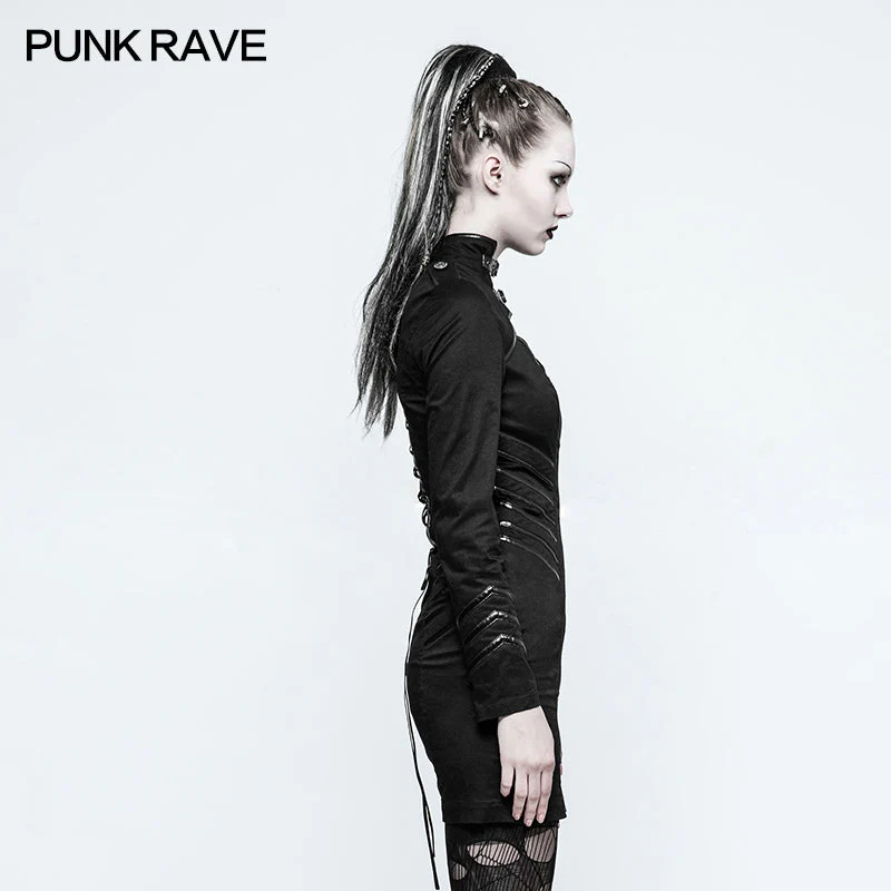 Q-331 Women Stand-collar Military black Punk Dress With Back Tied Rope - Image 2