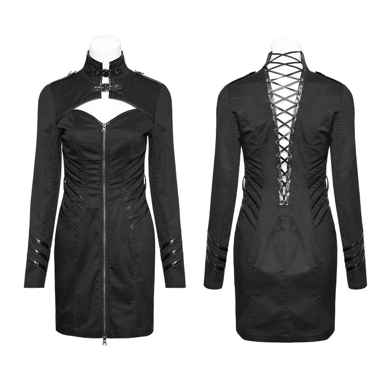 Q-331 Women Stand-collar Military black Punk Dress With Back Tied Rope - Image 4