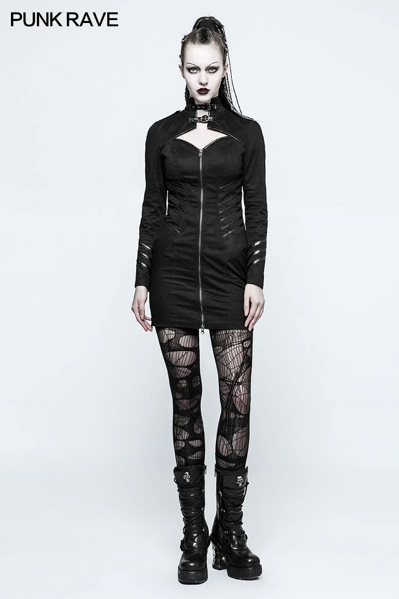Q-331 Women Stand-collar Military black Punk Dress With Back Tied Rope - Image 6