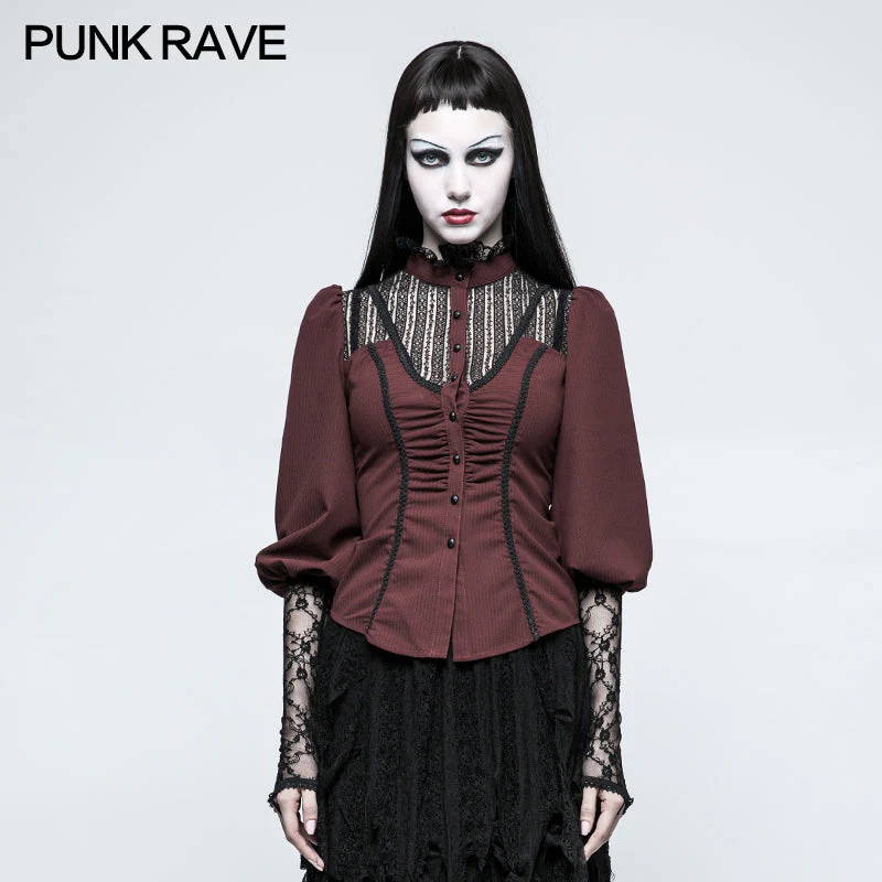 Y-794 Women Stripe Micro-elastic Punk Shirt With Half Lantern Puff Sleeve - Image 6