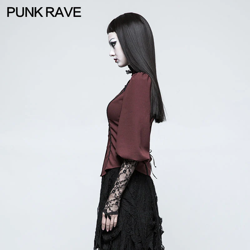 Y-794 Women Stripe Micro-elastic Punk Shirt With Half Lantern Puff Sleeve - Image 7