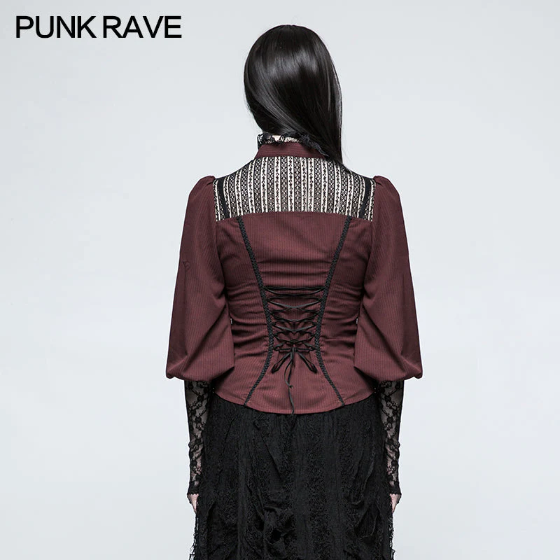 Y-794 Women Stripe Micro-elastic Punk Shirt With Half Lantern Puff Sleeve - Image 8