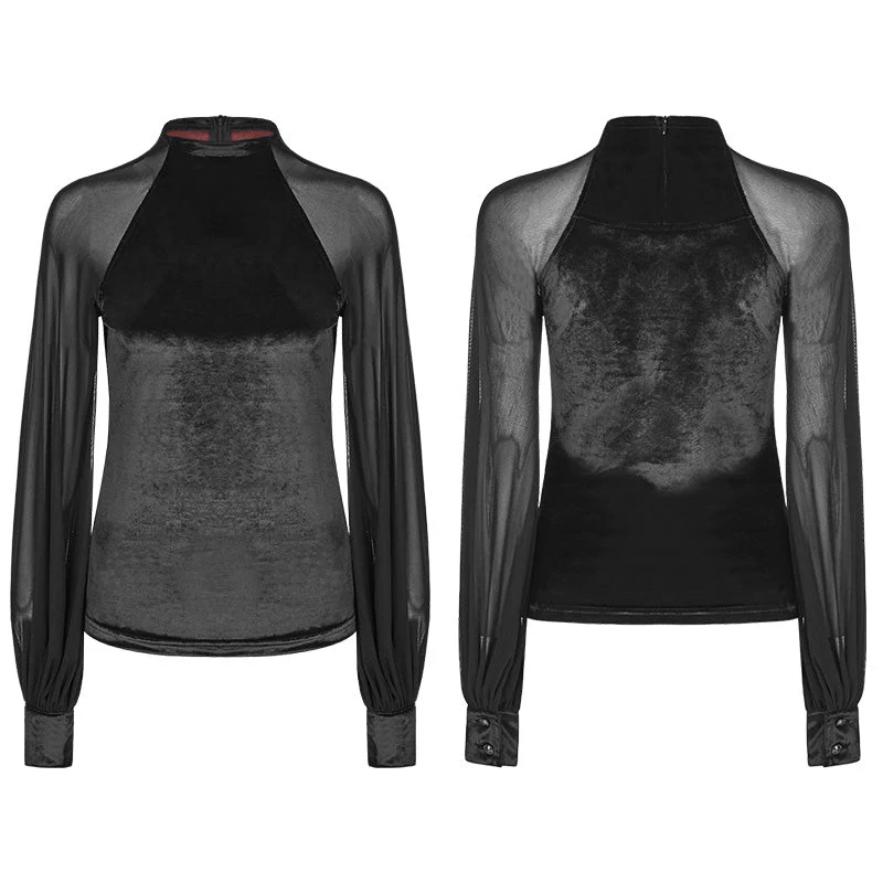 OPT-195 Women Velvet Mesh Gothic T-shirt Slim-fitting Blouse - Image 4