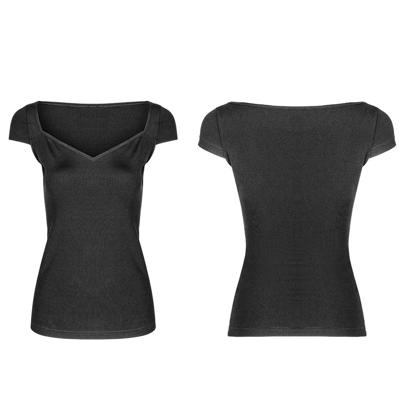 OPT-232 Womens black Elastic Tight Knitting Punk T-shirt Slim-fitting Top - Image 3