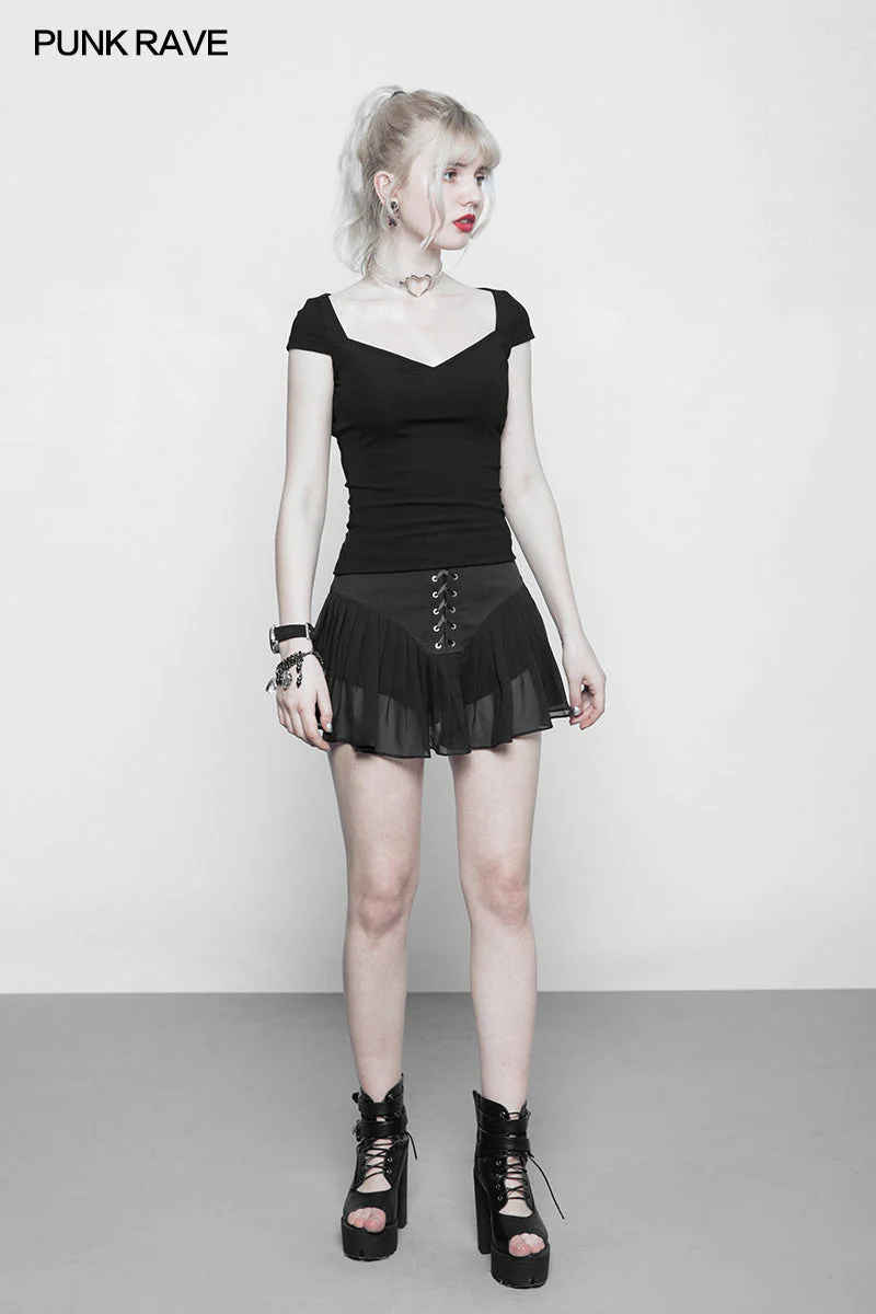 OPT-232 Womens black Elastic Tight Knitting Punk T-shirt Slim-fitting Top - Image 4