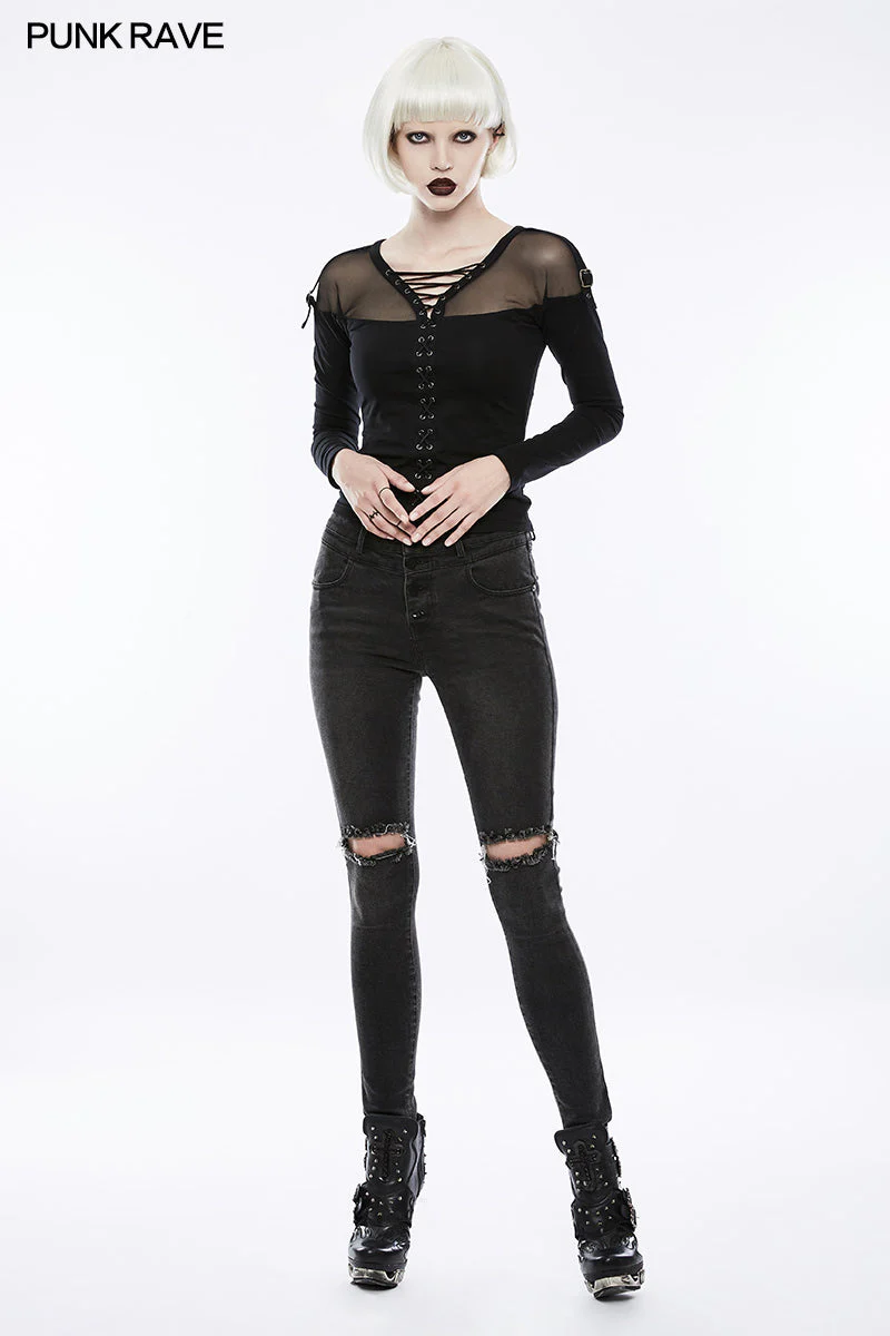 OPK-132 Womens black Knees Broken Holes Punk Jeans Super Slim Elastic Denim Trousers - Image 3