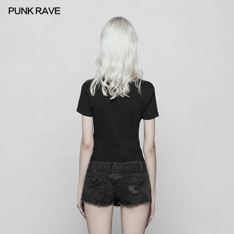 OPT-250 Womens Handsome Punk Zipper Knit Tight Short T-shirt With Hollow Out Design On Chest - Image 3