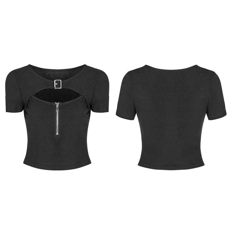 OPT-250 Womens Handsome Punk Zipper Knit Tight Short T-shirt With Hollow Out Design On Chest - Image 4