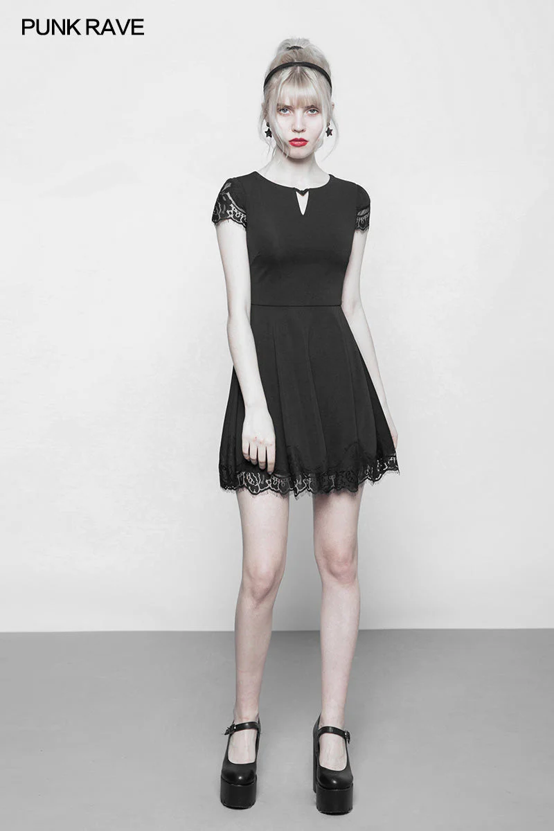 OPQ-349 Womens Hollow Out Lace Stitching V-collar Gothic Dress - Image 6