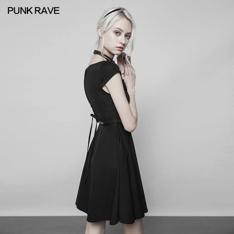 OPQ-360 Womens Lotus Leaf V-Collar Folding Back Drawstring black Halter Dress - Image 2