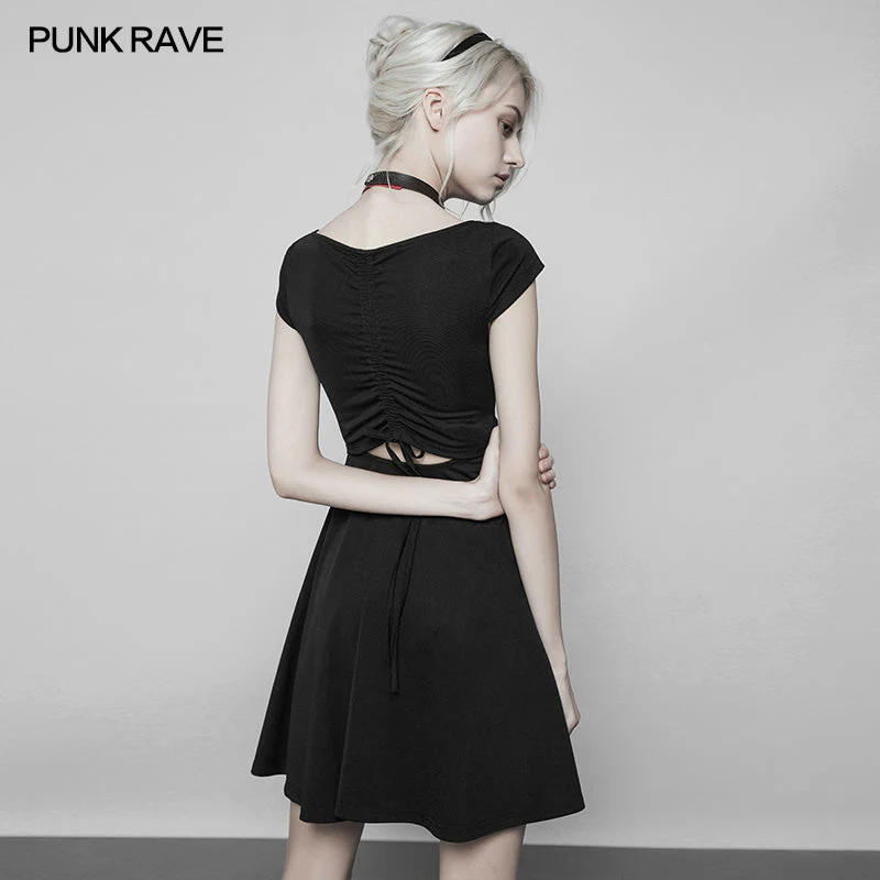 OPQ-360 Womens Lotus Leaf V-Collar Folding Back Drawstring black Halter Dress - Image 3