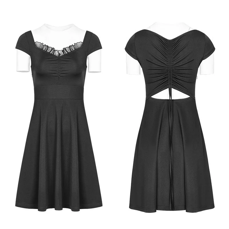 OPQ-360 Womens Lotus Leaf V-Collar Folding Back Drawstring black Halter Dress - Image 4